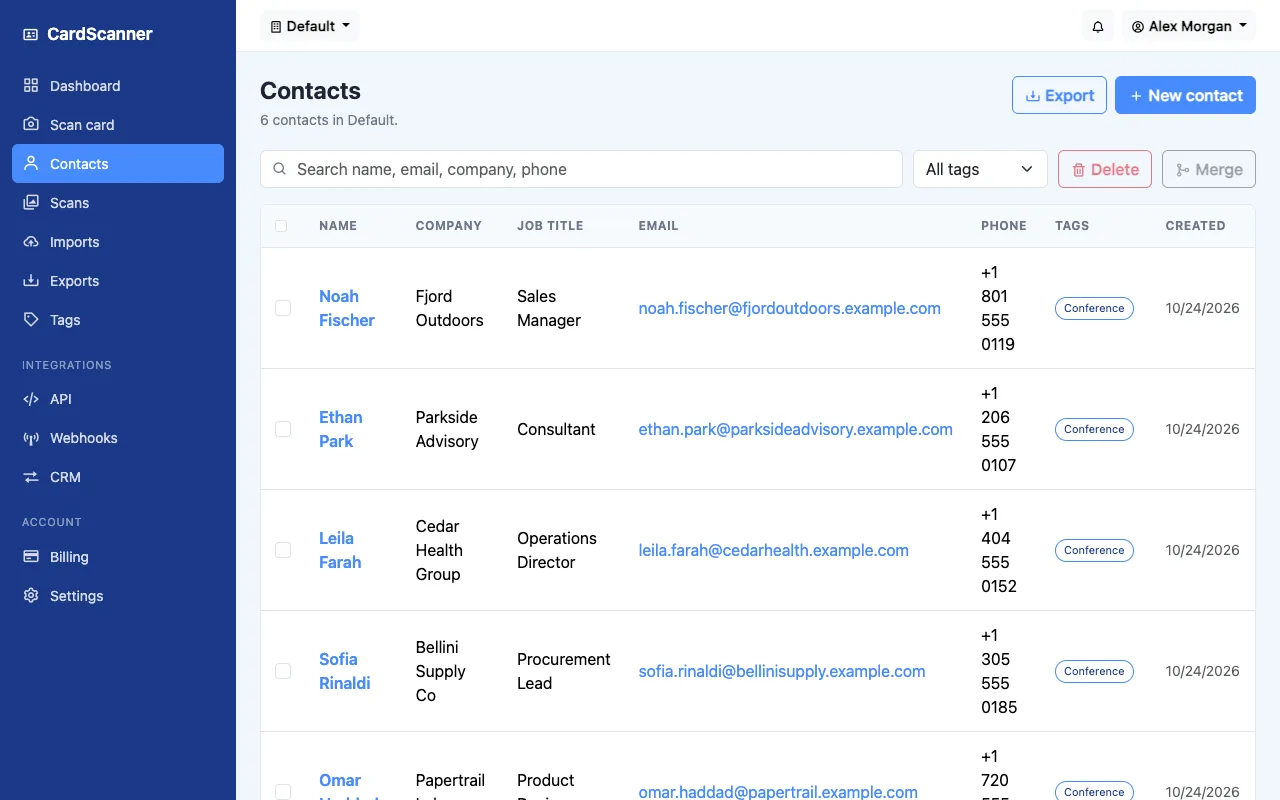 The CardScanner contact list with names, companies, emails and tags