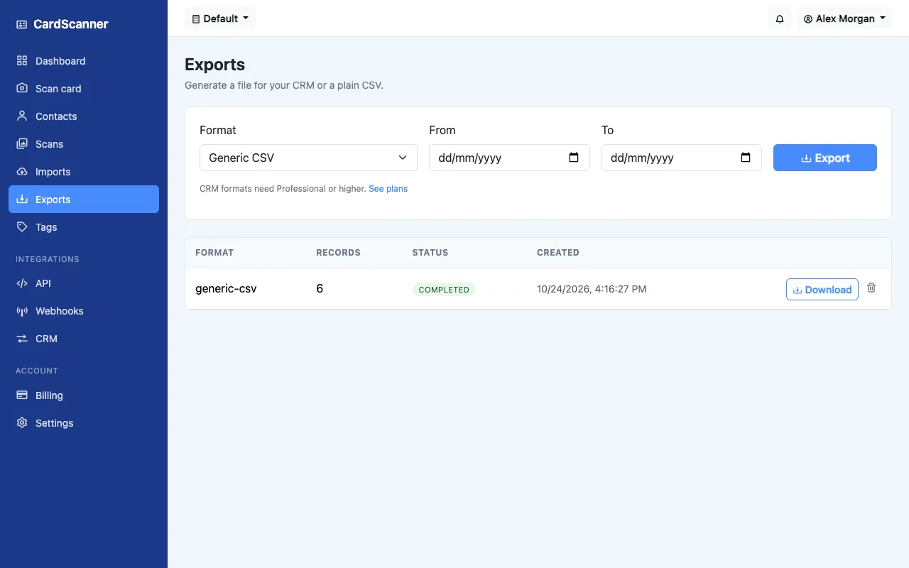The CardScanner exports page with a format list and a finished export