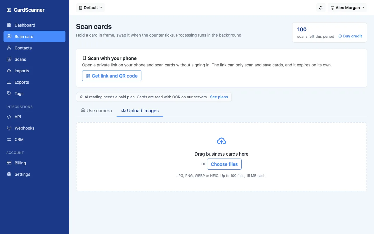 The CardScanner upload screen