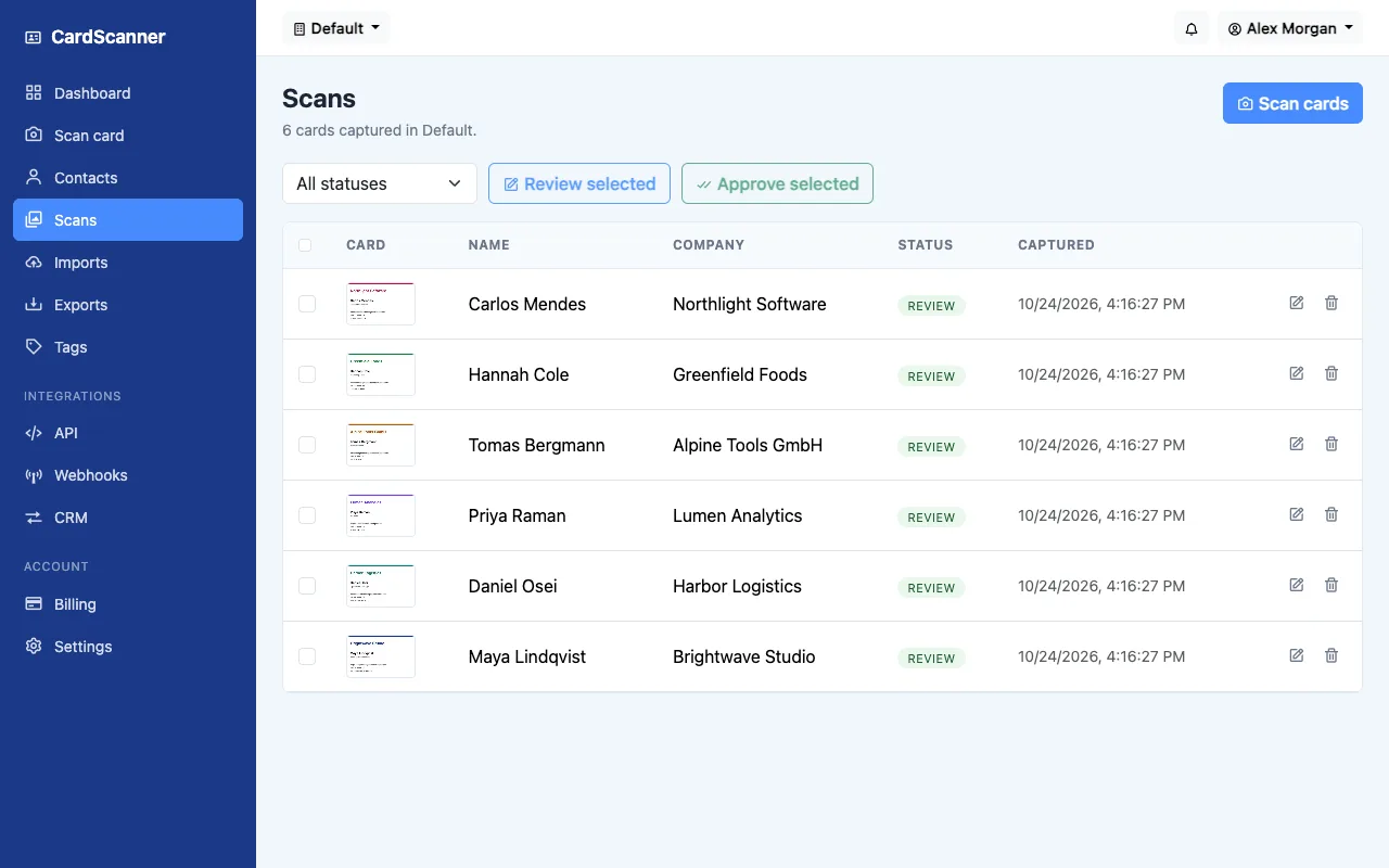 The CardScanner scans list with six cards waiting for review
